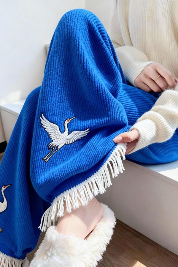 Style Blue Embroidered Tasseled Knit Wide Leg Pants Winter