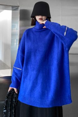 Style Blue High Neck Zippered Oversized Knit Sweater Tops Winter