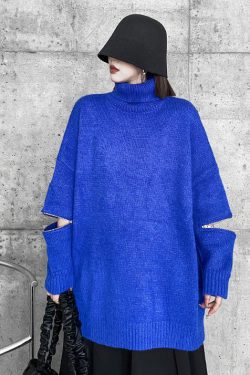 Style Blue High Neck Zippered Oversized Knit Sweater Tops Winter
