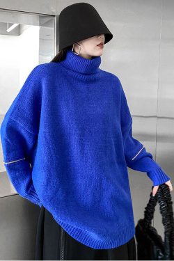 Style Blue High Neck Zippered Oversized Knit Sweater Tops Winter