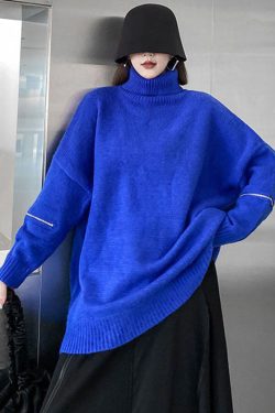 Style Blue High Neck Zippered Oversized Knit Sweater Tops Winter
