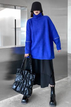 Style Blue High Neck Zippered Oversized Knit Sweater Tops Winter