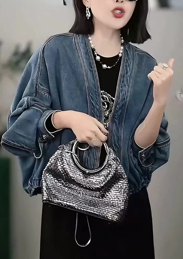 Style Blue Oversized Denim Cardigan Batwing Sleeve