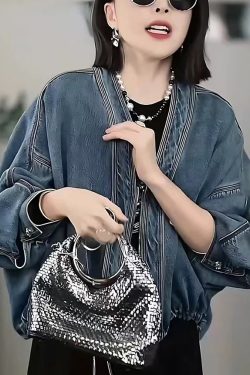 Style Blue Oversized Denim Cardigan Batwing Sleeve