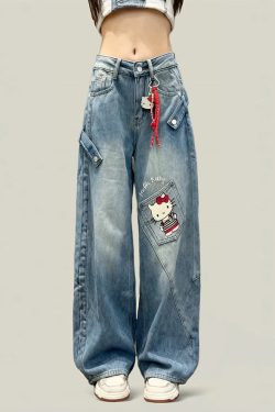 Style Blue Patchwork Kitty Cat Denim Straight Pants Spring