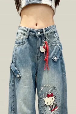 Style Blue Patchwork Kitty Cat Denim Straight Pants Spring