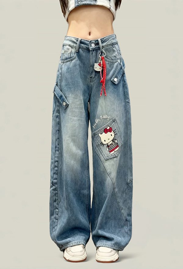Style Blue Patchwork Kitty Cat Denim Straight Pants Spring