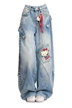 Style Blue Patchwork Kitty Cat Denim Straight Pants Spring