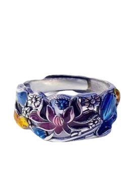 Style Blue Sterling Silver Cloisonne Brocaded Carp Rings