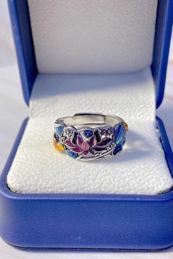 Style Blue Sterling Silver Cloisonne Brocaded Carp Rings