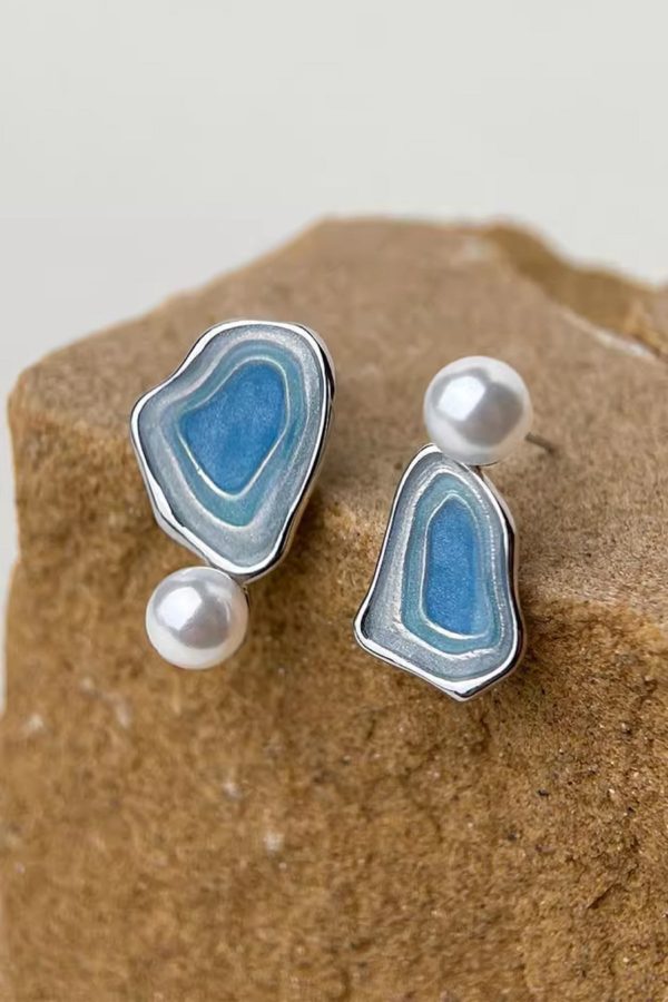 Style Blue Sterling Silver Pearl Drip Glaze Enamel Asymmetrical Stud Earrings