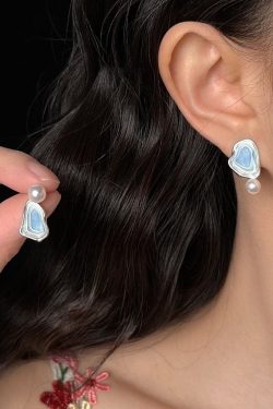 Style Blue Sterling Silver Pearl Drip Glaze Enamel Asymmetrical Stud Earrings