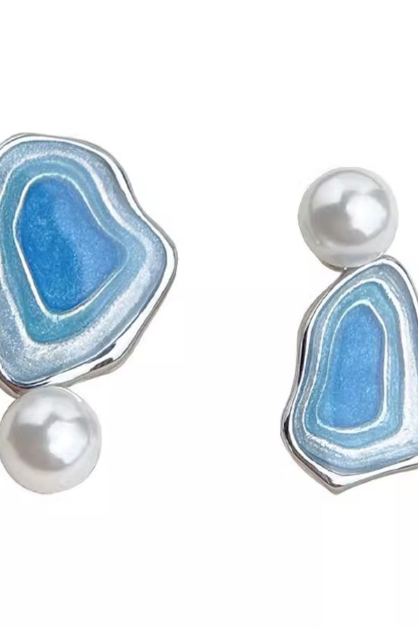 Style Blue Sterling Silver Pearl Drip Glaze Enamel Asymmetrical Stud Earrings