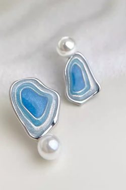 Style Blue Sterling Silver Pearl Drip Glaze Enamel Asymmetrical Stud Earrings