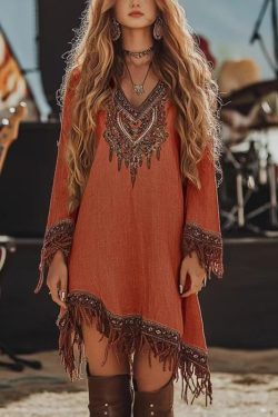 Style Blue Tasseled Print Cotton Holiday Dress Spring