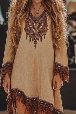 Style Blue Tasseled Print Cotton Holiday Dress Spring