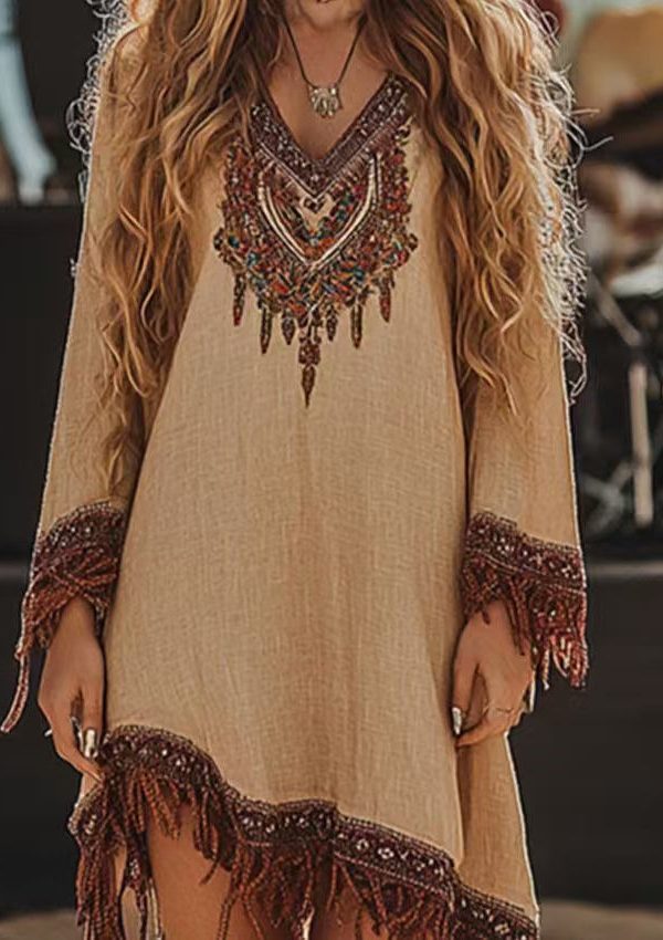 Style Blue Tasseled Print Cotton Holiday Dress Spring