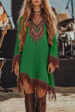 Style Blue Tasseled Print Cotton Holiday Dress Spring