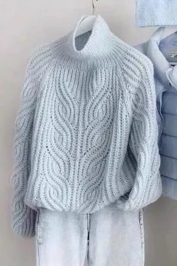 Style Blue Turtleneck Cozy Cotton Knit Cable Knit Sweaters Lantern Sleeve