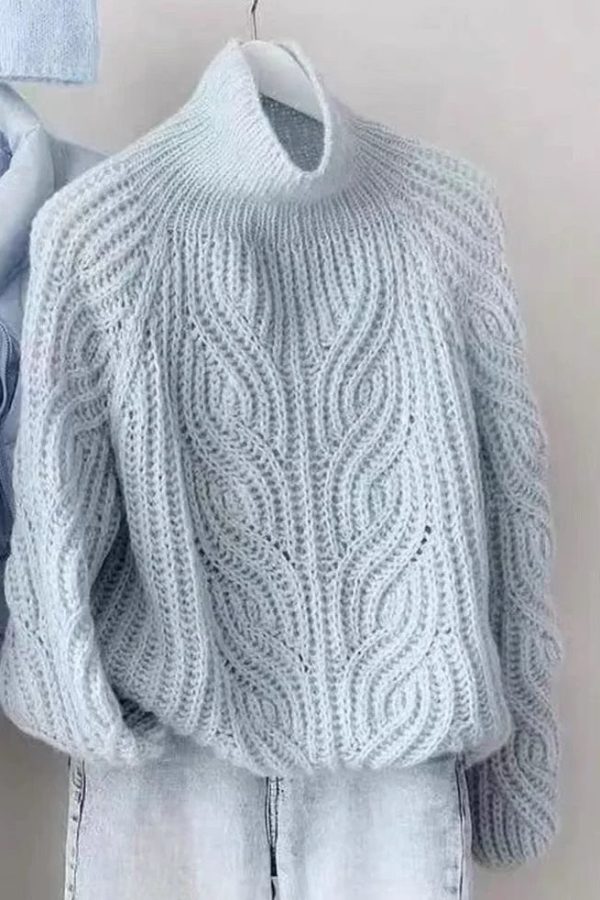 Style Blue Turtleneck Cozy Cotton Knit Cable Knit Sweaters Lantern Sleeve