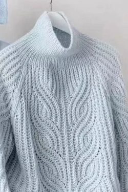 Style Blue Turtleneck Cozy Cotton Knit Cable Knit Sweaters Lantern Sleeve