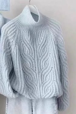 Style Blue Turtleneck Cozy Cotton Knit Cable Knit Sweaters Lantern Sleeve