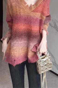 Style Blue V Neck Patchwork Cozy Warm Knit Sweater Fall