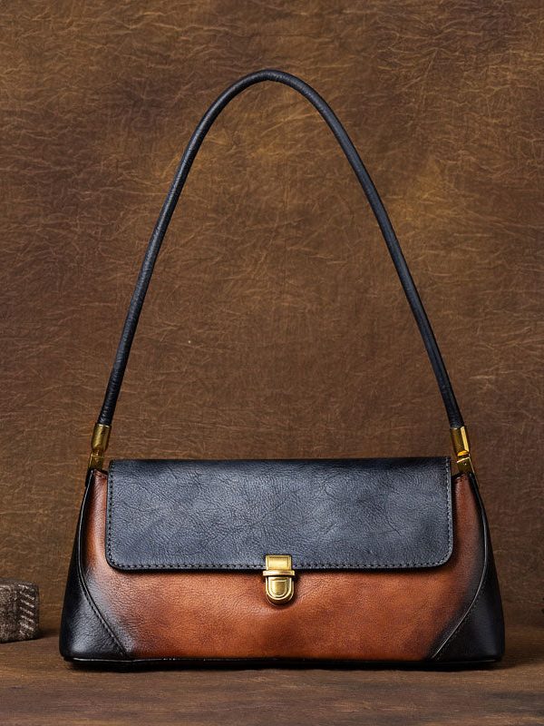 Style Brown Color contrast Paitings Leather Tote Handbag