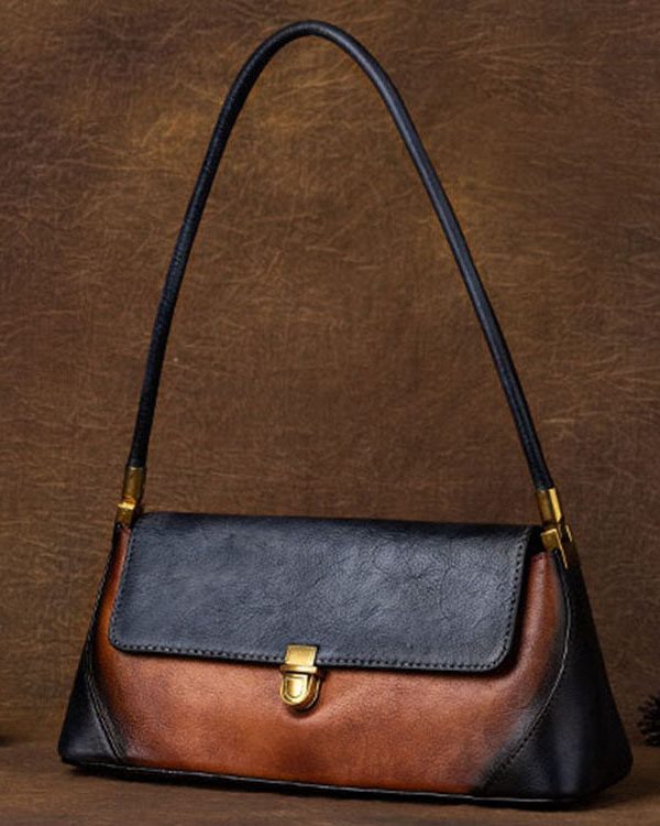 Style Brown Color contrast Paitings Leather Tote Handbag