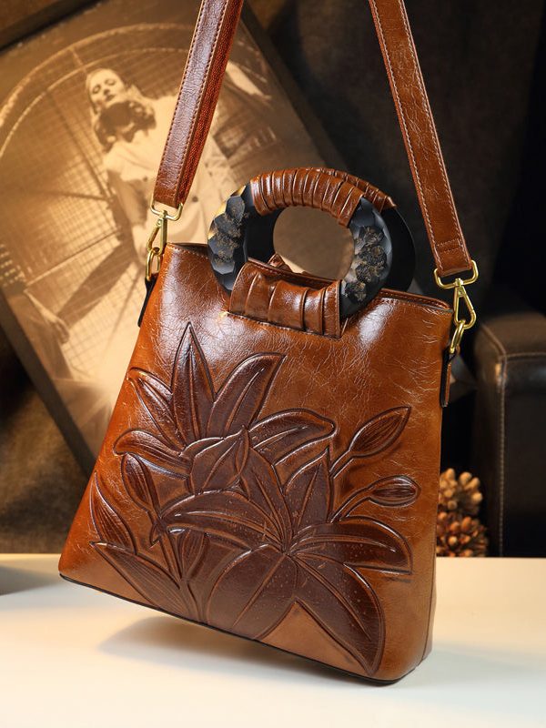 Style Brown Embossed Large Capacity Faux Leather Tote Handbag