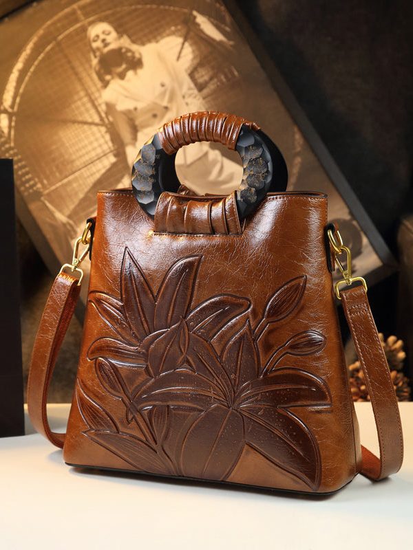 Style Brown Embossed Large Capacity Faux Leather Tote Handbag