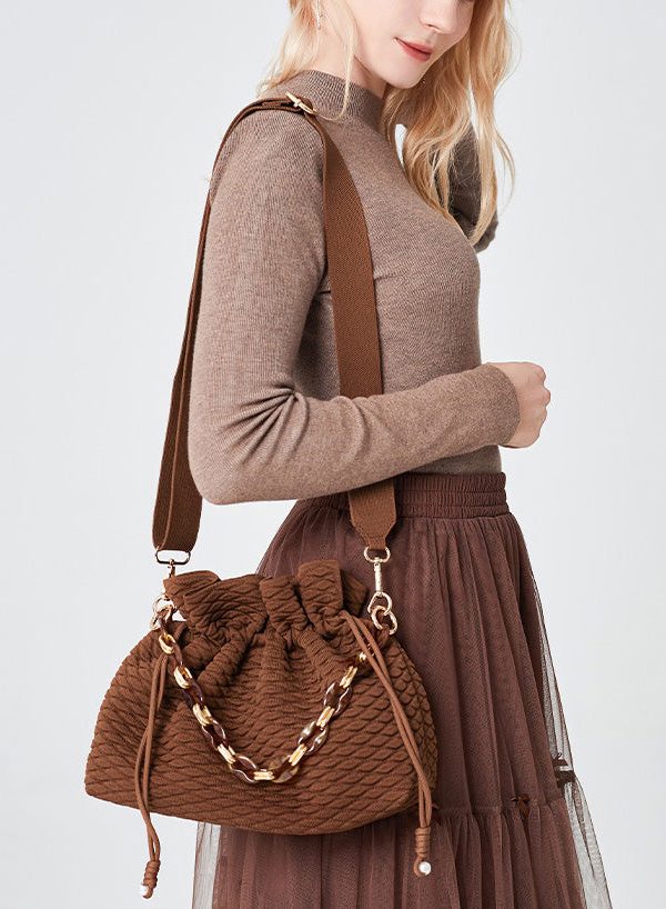 Style Brown Large Capacity Drawstring Cotton Pouch Handbag