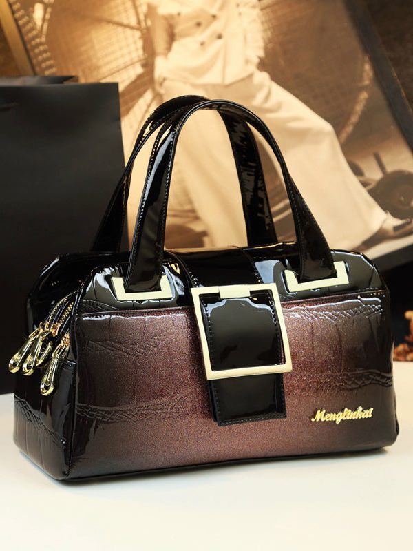 Style Gradient Color Solid Durable Faux Leather Tote Handbag