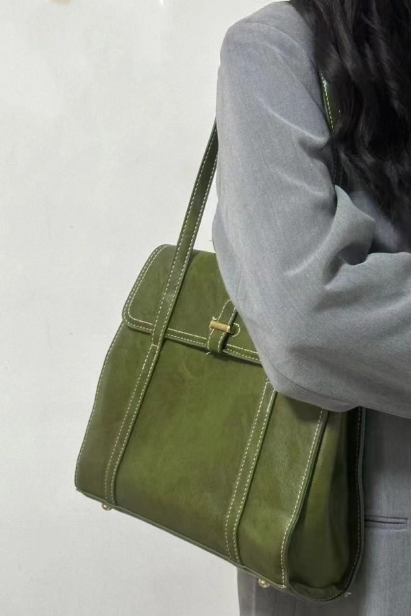 Style Green Solid Durable Faux Leather Satchel Handbag