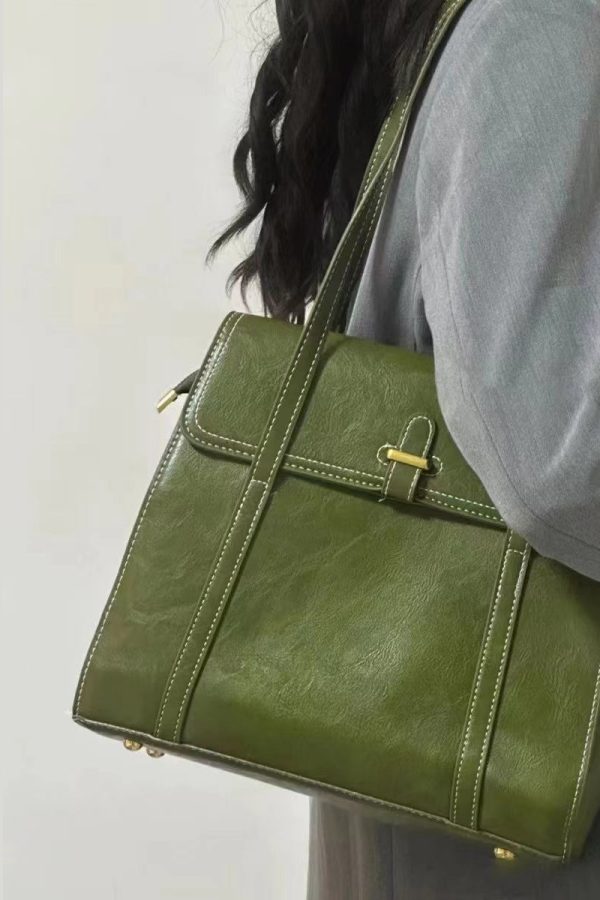 Style Green Solid Durable Faux Leather Satchel Handbag