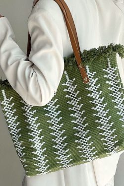 Style Green Tassel Knit Fabric Canvas Tote Handbag