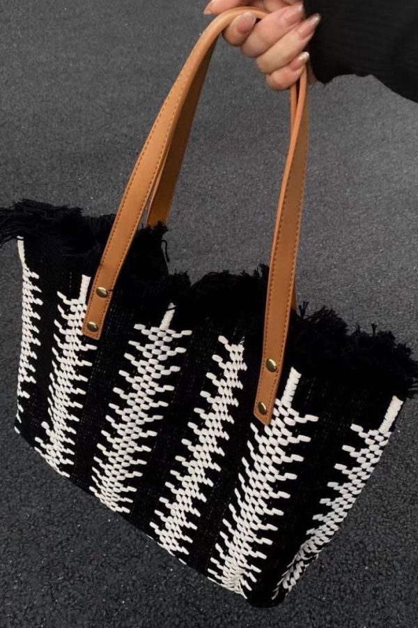 Style Green Tassel Knit Fabric Canvas Tote Handbag