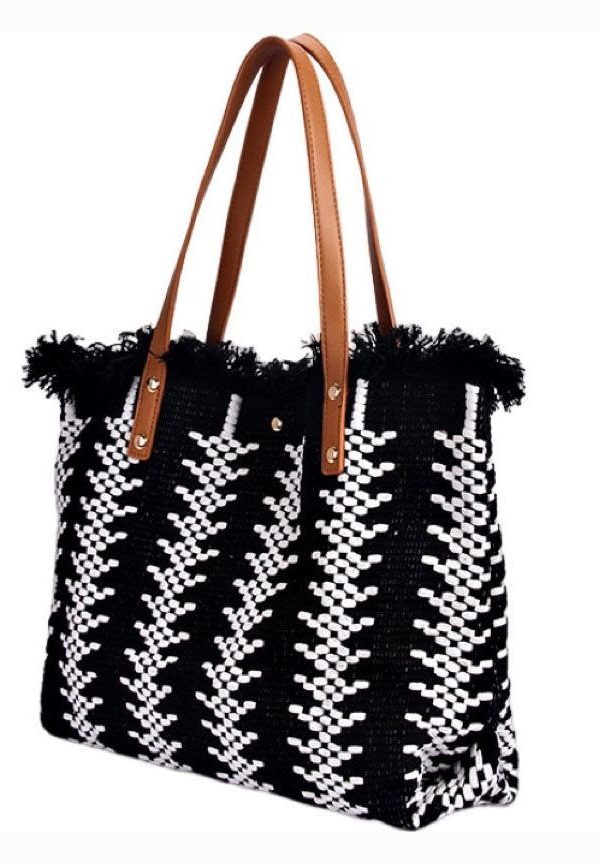 Style Green Tassel Knit Fabric Canvas Tote Handbag