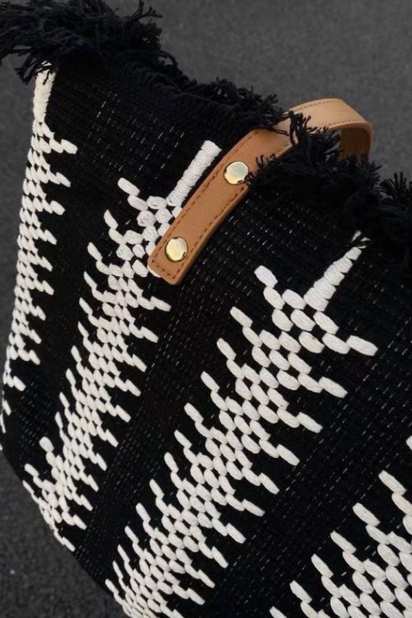 Style Green Tassel Knit Fabric Canvas Tote Handbag