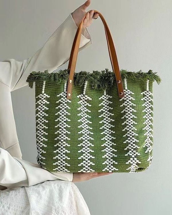 Style Green Tassel Knit Fabric Canvas Tote Handbag