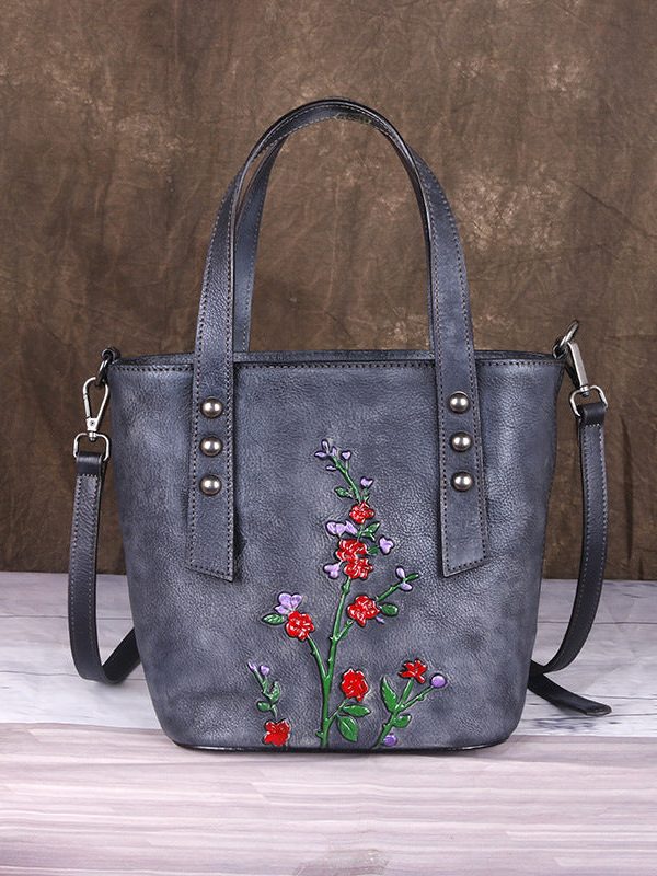 Style Grey Floral Paitings Calf Leather Messenger Bag
