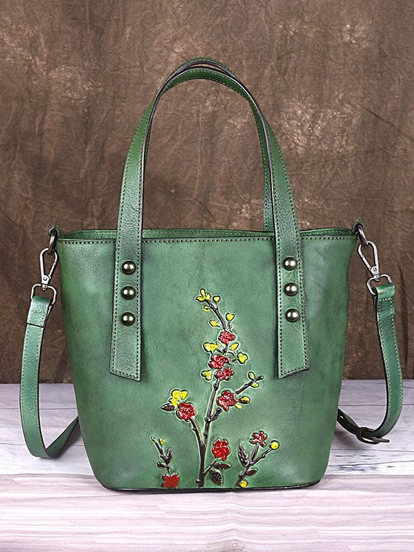 Style Grey Floral Paitings Calf Leather Messenger Bag