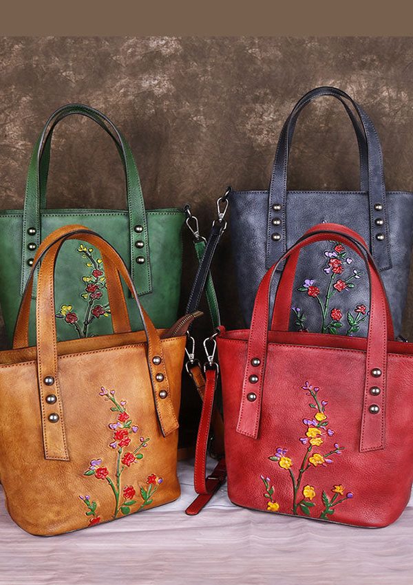 Style Grey Floral Paitings Calf Leather Messenger Bag