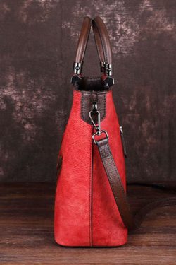 Style Red Floral Paitings Calf Leather Tote Handbag