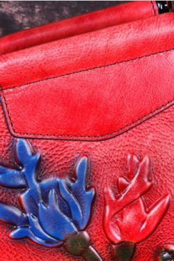 Style Red Floral Paitings Calf Leather Tote Handbag