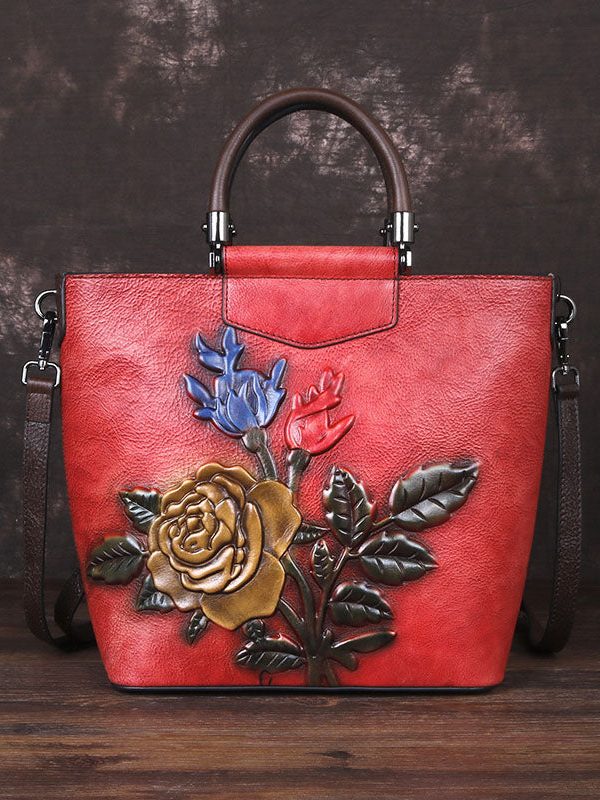 Style Red Floral Paitings Calf Leather Tote Handbag