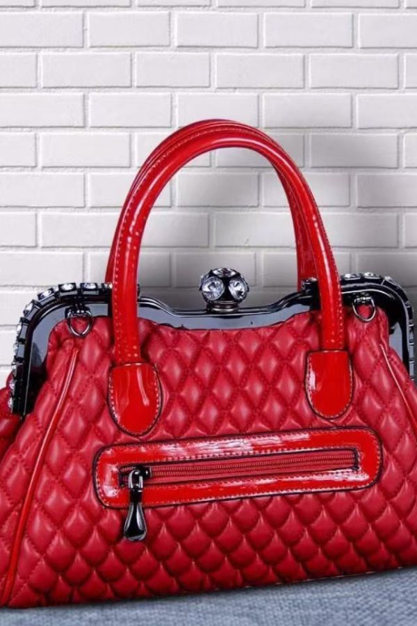 Style Red Fox Fur Decorated Faux Leather Tote Handbag