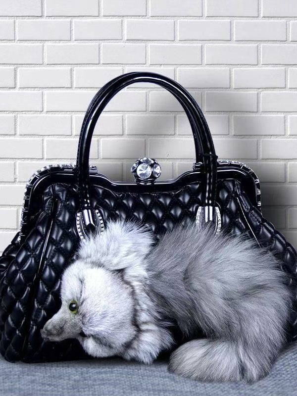 Style Red Fox Fur Decorated Faux Leather Tote Handbag