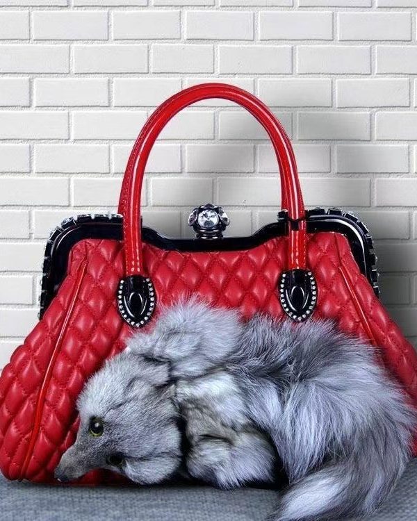 Style Red Fox Fur Decorated Faux Leather Tote Handbag