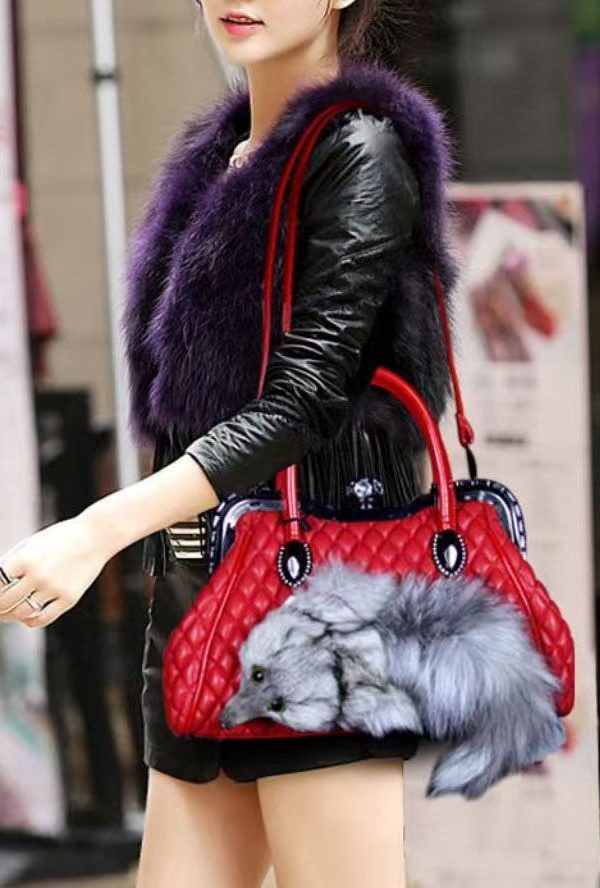 Style Red Fox Fur Decorated Faux Leather Tote Handbag